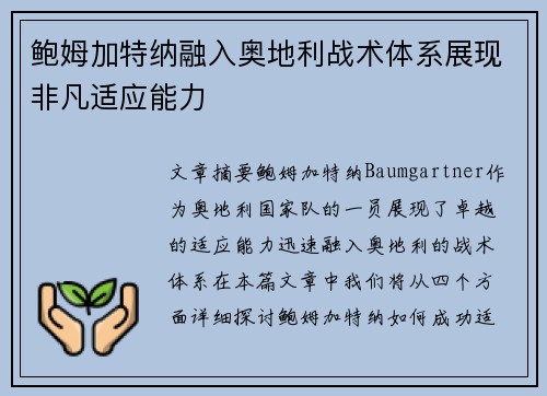 鲍姆加特纳融入奥地利战术体系展现非凡适应能力